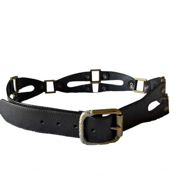 Linea Pelle Black Leather Belt Solid Brass Buckle Large NWOT - Picture 2 of 13